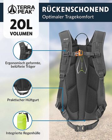 Рюкзак Terra Peak Flex 20 Premium 20 л з вентиляцією спини, питною системою та дощовиком – туристичний рюкзак з дихаючого 3D Air Mesh поліестеру з поясом на стегна для походів та активного відпочинку