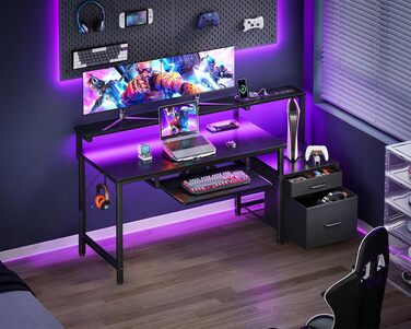 Ігровий стіл Coleshome з LED підсвіткою 140x48 см, з ящиками, 2 розетками та 2 USB портами, з підставкою для монітора, чорний