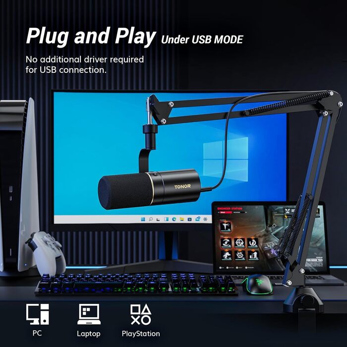 Динамічний USB/XLR мікрофон TONOR TD510+ для ПК, студії, подкастів, стрімінгу, ігор, з мікрофонною стійкою, кнопкою вимкнення звуку, для PS4/PS5, вокальний мікрофон