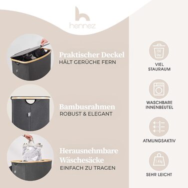 Бамбуковий кошик для білизни Hennez 150 л, 3 секції, з кришкою та мішком, сірий, органайзер для сортування прання