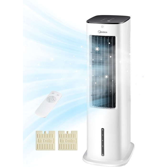 Мобільний кондиціонер Midea з водяним охолодженням, іонізацією та зволоженням, з резервуаром для води 5 л, 355 м³/год, без повітроводу, пульт, 55 Вт, білий