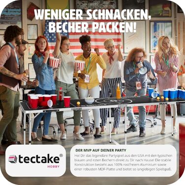 Стіл для Beer Pong tectake, складаний, висота регулюється, з ручками, набір 100 стаканів (50 червоних, 50 синіх) та 6 м'ячів, ігровий стіл для вечірок, пивний понг для дорослих