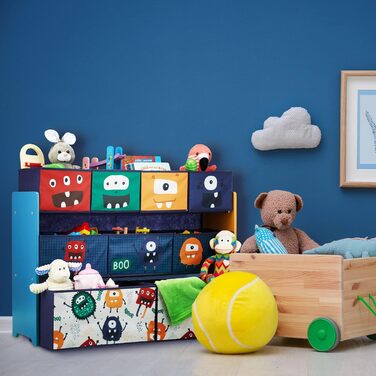 Дитяча полиця Relaxdays з 9 текстильними коробами, монстри, 70x92,5x30 см, іграшковий органайзер для кімнати, синій, бірюзовий, оранжевий