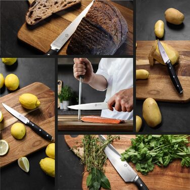 Набір кухонних ножів MasterChef, 15 предметів: професійні кухонний ніж, ніж для хліба, стейків, сантоку, овочів, ножиці, точилка, з високовуглецевої сталі, надгострі