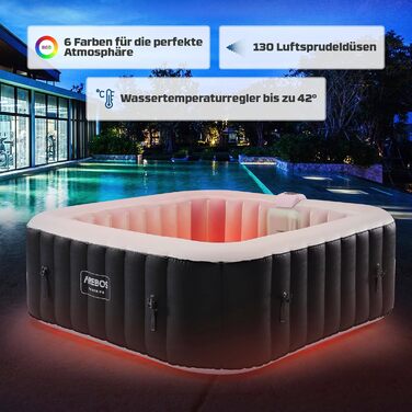 Надувний гідромасажний басейн-спа Arebos Spa Whirlpool 2400 Вт для 6 осіб, 185x185 см, 130 масажних форсунок, LED-підсвітка, 910 л, з кришкою