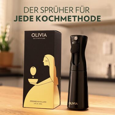 Скляний розпилювач для оливкової олії FLAIROSOL OLIVIA, 200 мл — дозатор для кухні з контролем порцій для фритюрниці, салатів та гриля (чорна пляшка)