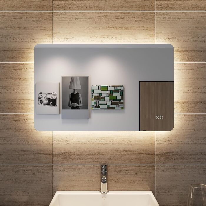 Дзеркало для ванної кімнати SONNI LED 50x70 см з LED-підсвічуванням, сенсорним керуванням, 3 кольори світла, проти запотівання та функцією пам'яті. Білий колір.
