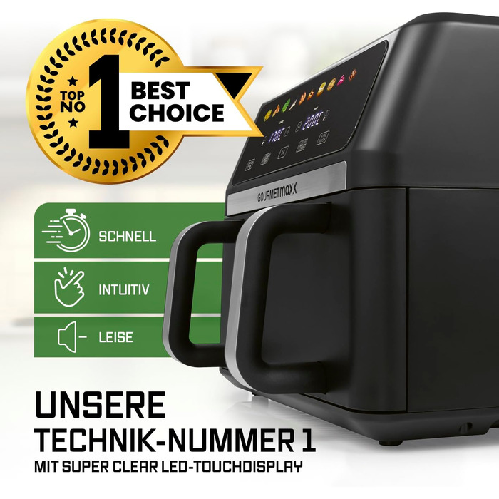 Аерофритюрниця GOURMETmaxx AirGenius 10Л з двома камерами (2x5Л), сенсорним керуванням та 10 програмами приготування, для 8 осіб