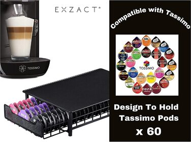 Органайзер для кавових капсул EXZACT, сумісний з Tassimo, на 60 капсул – підставка 2-в-1 під кавову машину та шухляда для зберігання кавових капсул