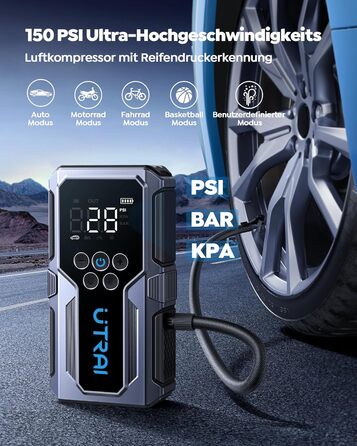 Пусковий пристрій UTRAI Jump Starter 4500A 15000mAh з компресором для авто, бустер для двигунів до 8.5L бензин / 6.5L дизель, швидка зарядка 18W та ліхтариком