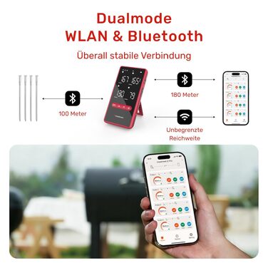 Бездротовий розумний термометр для м'яса Z Pro з Wi-Fi та Bluetooth, 4 щупи (6 сенсорів), водонепроникний IP69, термостійкий до 595°C для гриля, духовки та аерофритюрниці