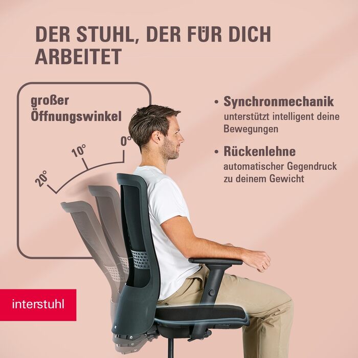 Ергономічне офісне крісло Interstuhl SMART Air, синхромеханізм, 4D-підлокітники, підтримка попереку, чорне, Made in Germany