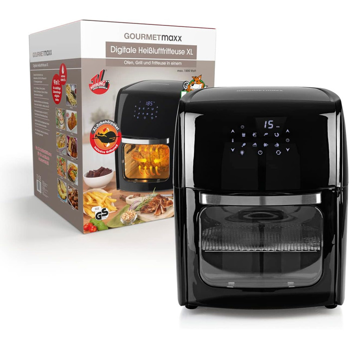 Цифрова аерофритюрниця GOURMETmaxx 12 л XXL з таймером, сенсорним дисплеєм, вертелем та решіткою для запікання, 8 програм, 1800 Вт, чорна, енергозберігаюча, для приготування без жиру