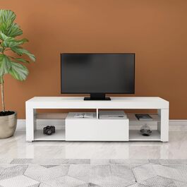 Тумба під телевізор ML-Design, біла, дерево, 140x51x35 см, сучасна, з висувним ящиком і 2 скляними полицями, без ручок, стояча