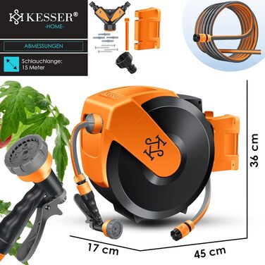 Шланг барабан KESSER® настінний з автоматичною намотувальною системою 15м (чорно-помаранчевий) + насадка 7-в-1