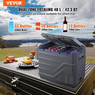 Автохолодильник VEVOR 32л 12/24В та 220В, компресорний, двозонний (-20~20°C) для кемпінгу, подорожей, фургону