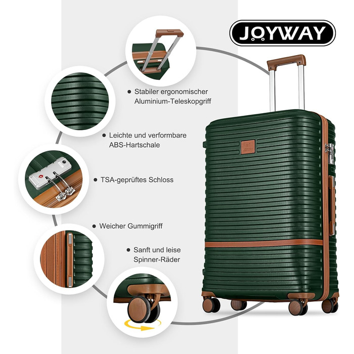 Набір валіз Joyway 6-ти частинний, з жорстким корпусом, beauty case, косметична сумка, 4 колеса, TSA-замок, для подорожей, коричневий/зелений