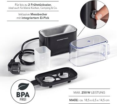 Електрична яйцеварка GOURMETmaxx на 2 яйця, енергозберігаюча, компактна, BPA free, з мірним стаканом і голкою, чорна