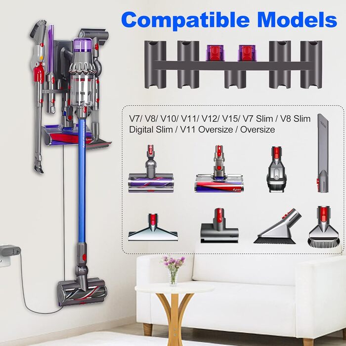 Кріплення для пилососа Dyson BellaGesundheit, настінна док-станція для моделей V7, V8, V10, V11, V15, V7 Slim, V8 Slim, V12 Slim, V11 Outsize, Digital Slim, Outsize, універсальна підставка-утримувач аксесуарів