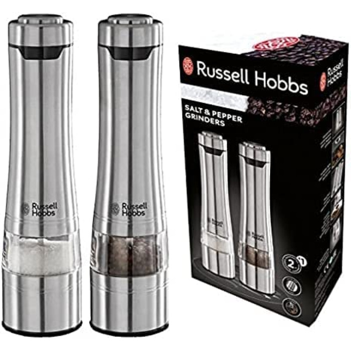 Електричний набір млинків для солі та перцю Russell Hobbs, 2 шт, нержавіюча сталь, керамічний механізм, регулювання помолу, LED підсвітка