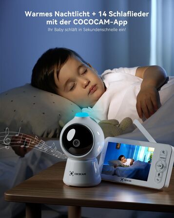 Відеоняня COCOCAM 2K 4MP з камерою та монітором 5 дюймів, Wi-Fi 2.4/5GHz, ШІ-розпізнавання, датчик перекриття обличчя та сну на животі, автотрекінг, ІК нічний зір