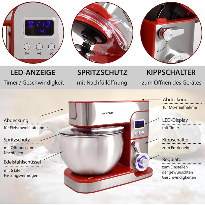 Кухонна машина Syntrox Germany Glumya 7 л, м'ясорубка, насадки для тіста та крему, нержавіюча сталь, LED-дисплей, 1300 Вт, червона