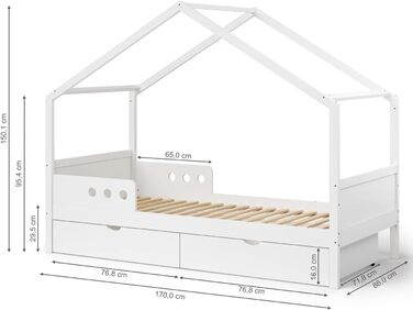 Дитяче ліжко-домік Bellabino Bela 90x200 см з бортиками, натуральне дерево, масив сосни, з ламелями, для дівчаток і хлопчиків