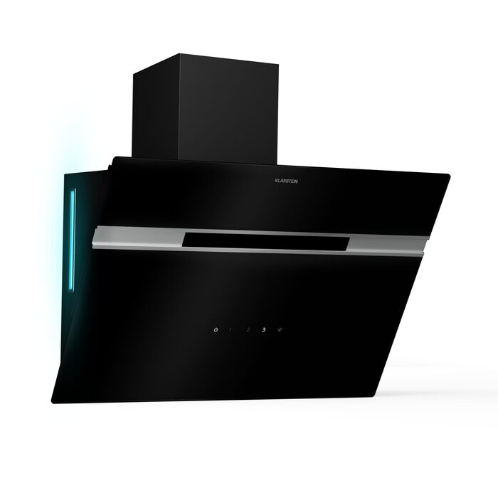 Витяжка кухонна Klarstein 60 см, похила, з RGB-LED підсвіткою, режим відведення та рециркуляції повітря, продуктивність 594 м³/год, клас енергоефективності A, чорна