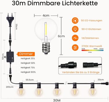 Гірлянда світлова зовнішня диммирувана 60м, G40 LED, 104 пластикові лампочки, вологостійка IP45, для саду, тераси, дерев, вечірок, 2700K тепле біле світло (2x30м), з пультом керування