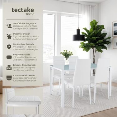 Набір меблів для кухні tectake: стіл та 4 стільці, білий колір, стільниця з безпечного скла, стільці з міцної екошкіри