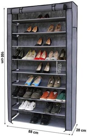 SONGMICS стелаж для взуття на 10 рівнів, 28x88x160 см, металевий, з пилозахисним чохлом, органайзер для взуття, для туфель та кросівок, сірий