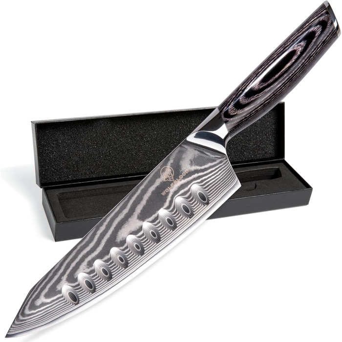 Кухонний ніж Wolfblood PRO Damast XL (33 см) з дамаської сталі 67 шарів, преміум-якість, для професійних кухарів, з дерев'яною ручкою, подарункова коробка, захист леза, сертифікований TÜV, 62 HRC