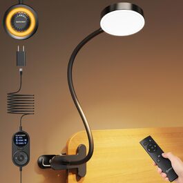 Світильник для читання в ліжку Glocusent: LED лампа на прищіпці з пультом, 3 кольори світла, 5 рівнів яскравості, таймером та бурштиновим нічним режимом, чорний