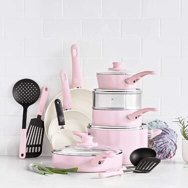 Набір кухонного посуду GreenLife Soft Grip, 16 предметів, керамічне антипригарне покриття, PFAS-free, для плити, духовки та посудомийки, рожевий