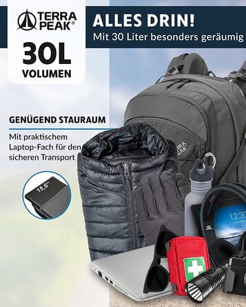 Туристичний рюкзак Terra Peak Flex 30L з вентиляцією спини, регочохлом і тримачем для питної системи – середній трекінговий рюкзак із 3D Air Mesh для походів, з поясним ременем