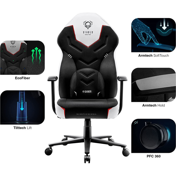 Ігрове крісло Diablo X-Gamer 2.0 з тканинною оббивкою, ергономічне, з подушкою для попереку, Softpad, чорне-біле, 128x68x55 см