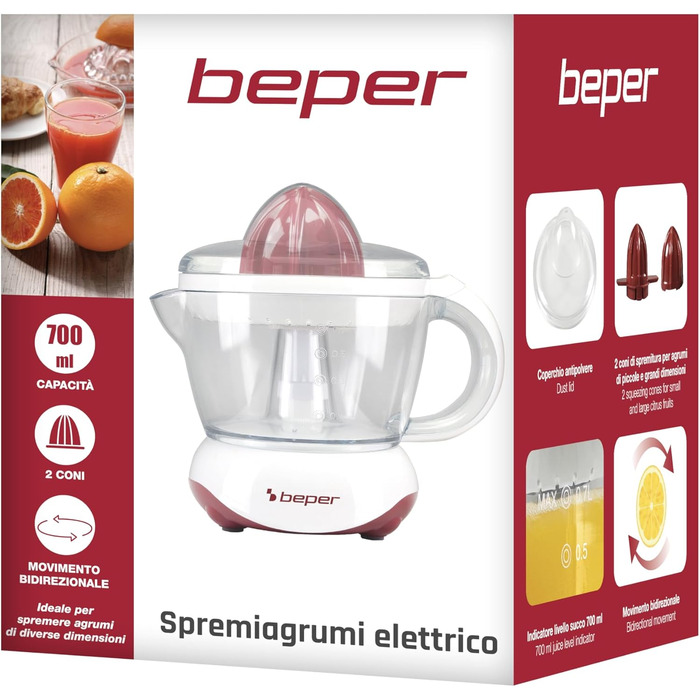 Електрична цитрусожумалка Beper BP.101H 700 мл, біло-червона