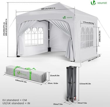 VOUNOT® Альтанка 3x3м з боковинами та мішками для вантажу, розкладна водонепроникна альтанка для саду та вечірок, біла, у сумці