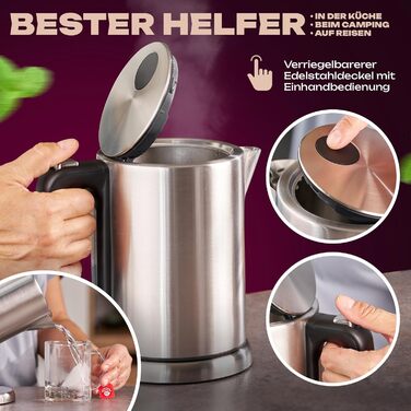 Електрочайник ProfiCook 1 л, нержавійка, 2200 Вт, компактний, BPA-free, одноручне керування, індикатор рівня води, модель PC-WKS 1106