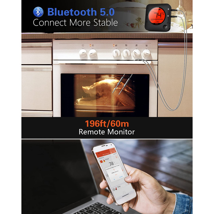 BFOUR Bluetooth термометр для гриля, 60 м, 2 зонди, великий РК-дисплей, нерж. сталь