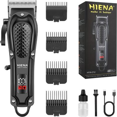 HIENA PRO Професійна машинка для стрижки волосся і бороди для чоловіків, бездротова, з LED-дисплеєм, чорна, тример для перукарів