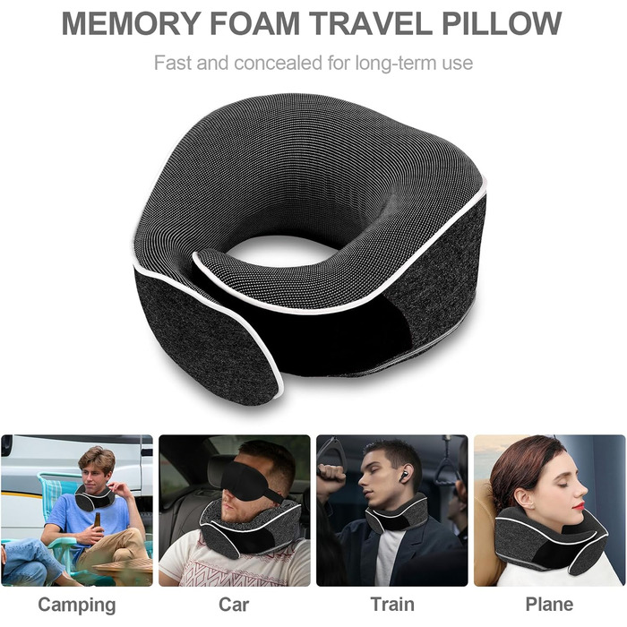Ергономічна подушка для подорожей Collazoey з ефектом пам'яті (Memory Foam) для шиї, набір з маскою для сну, берушами та сумкою для зберігання, темно-сіра