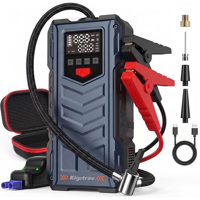 Пусковий пристрій (бустер) Starthilfe 8000A з компресором 150 PSI, 9-в-1: Jump Starter 12V для бензинових та дизельних авто (до 14л), електричний насос та Powerbank з швидкою зарядкою 30W