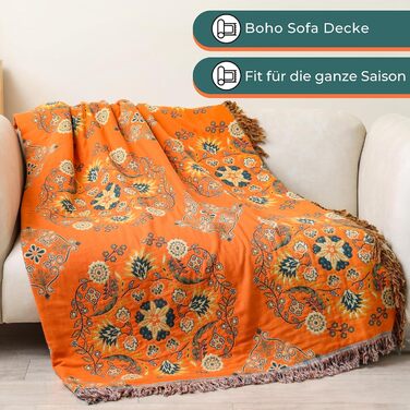 HOORDRY плед з бавовни двосторонній Boho, покривало з китицями 230×250 см, м'яка тепла ковдра для дивану, ліжка чи крісла, зелено-оранжева