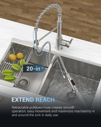 Змішувач для кухні APPASO з висувним душем, нержавіюча сталь, 360° поворотний, сертифікований KTW