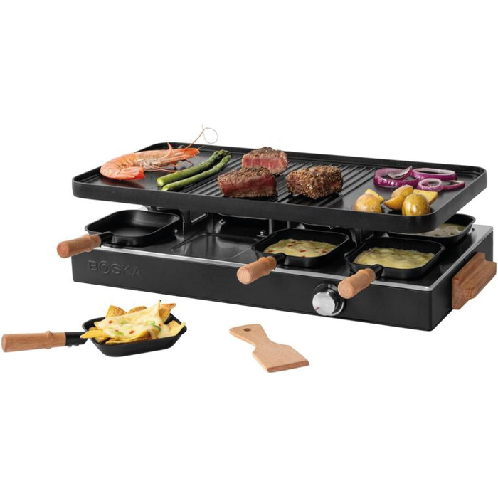 Рашетт BOSKA Raclette Gourmet Party на 8 осіб – гриль з керамічною поверхнею, ручки з бука, поворотна алюмінієва пластина, чорний колір