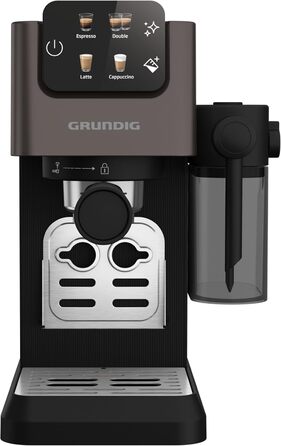 Еспресо-кавоварка GRUNDIG KSM 5330 з молочним контейнером, 1628 Вт, 15 бар, двійна насадка, сенсорний дисплей, BrewSense, CreamyPro, нержавіюча сталь/чорна