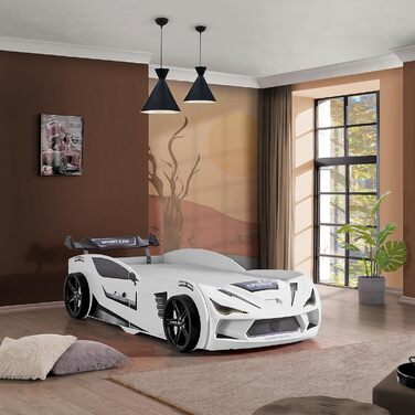 Дитяче автоліжко Aileenstore Rio 90x200, біле, з LED-підсвіткою, спойлером, спортивними сидіннями, ламелями, без матраца