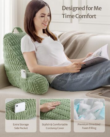 Подушка для читання Blissful Diary з піною Memory Foam для спини, для дорослих та дітей, для ліжка та дивана, з підлокітниками, кишенями, знімним чохлом, колір шавлії