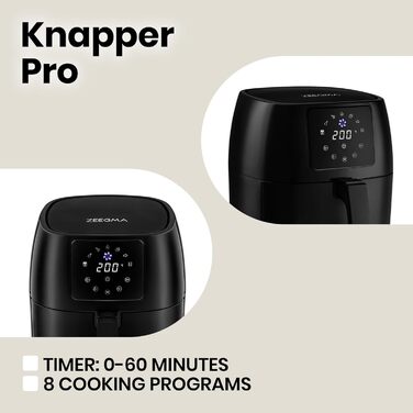 Аерофритюрниця ZEEGMA Knapper Pro Turbo 1400 Вт, 4,5 л, тефлонове покриття, 8 програм, швидке та здорове приготування, чорна